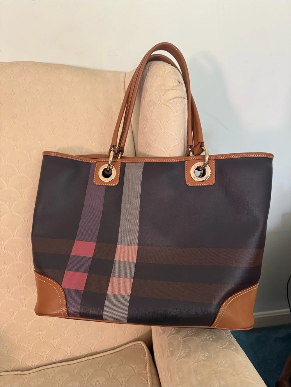 Plaid Canvas Tote with Brown Trim by Bean Pole